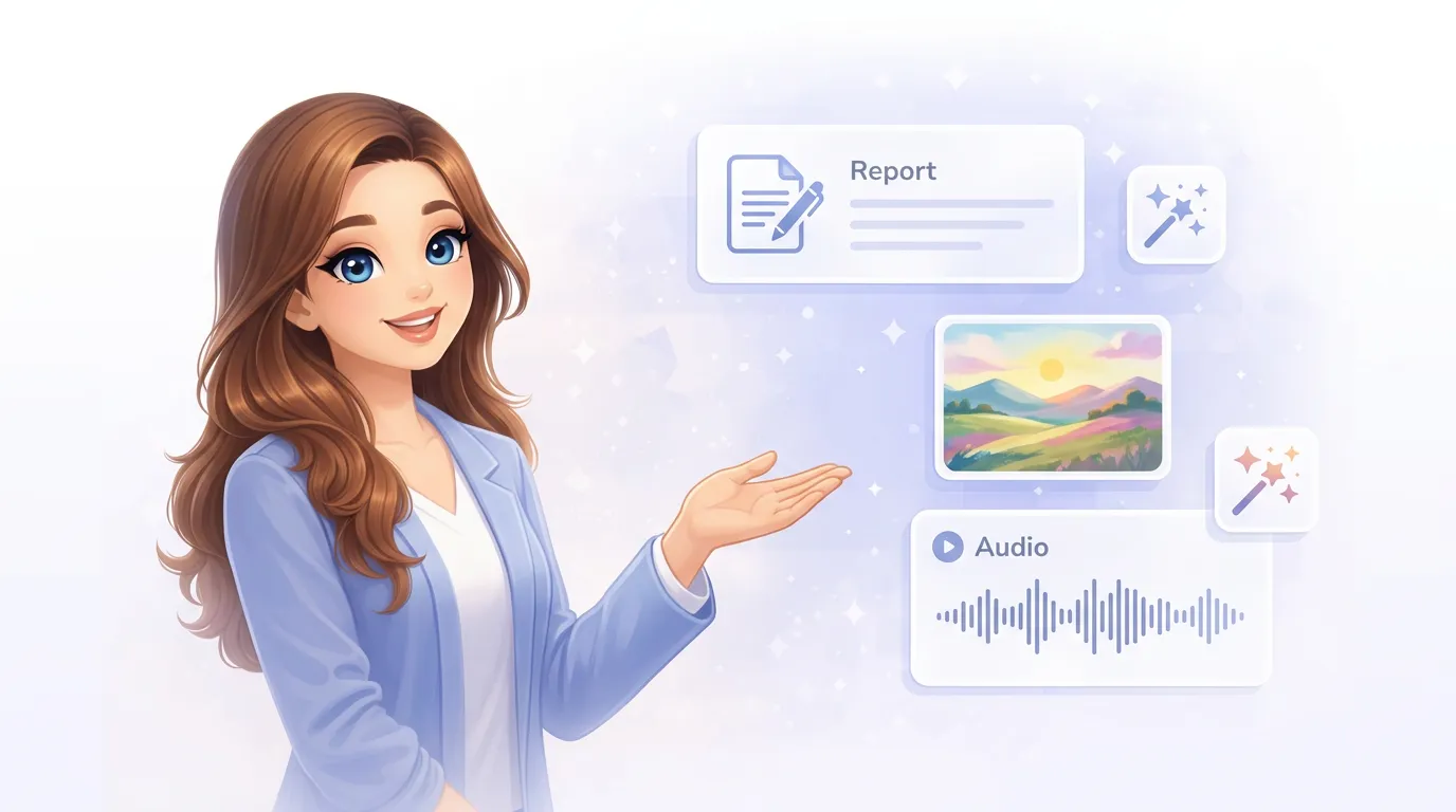 Mia, a friendly AI assistant, surrounded by a report document, a colorful image, and an audio waveform representing content creation
