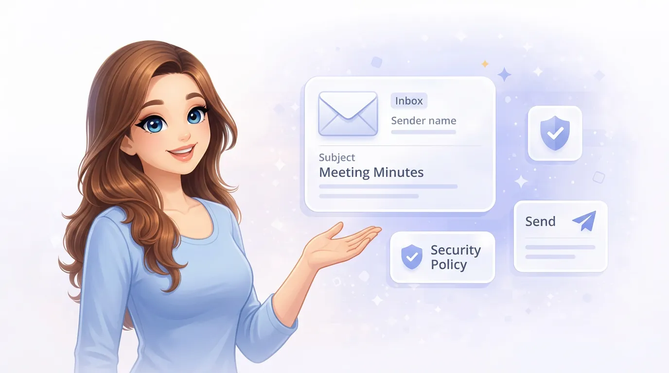 Mia, a friendly AI assistant, surrounded by email envelopes, inbox cards, and a shield icon representing secure email access