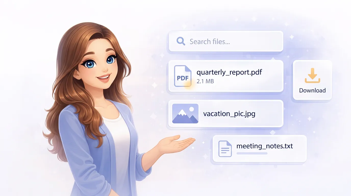Mia, a friendly AI assistant, surrounded by floating document cards, a PDF icon, photo thumbnails, and a search bar representing file management