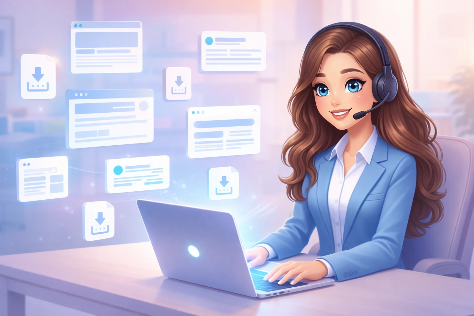 Mia, a friendly AI assistant, surrounded by browser windows, search cards, and document icons representing web research